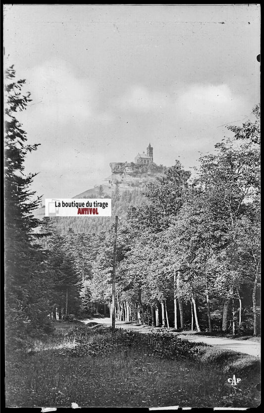 Plaque verre photo, négatif noir & blanc 9x14 cm, Dabo, Chapelle et hôtel, route