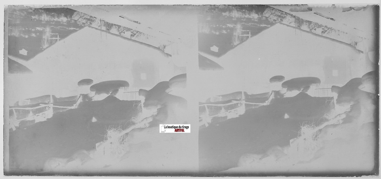 Montagne, maison, neige, Plaque verre photo stéréo, négatif noir & blanc 6x13 cm