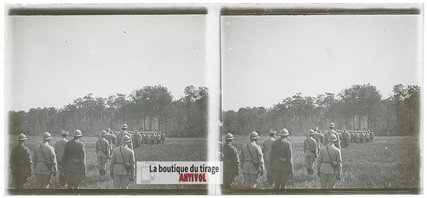 Manœuvres d’infanterie, guerre WW1, plaque verre photo ancienne stéréo 6x13 cm
