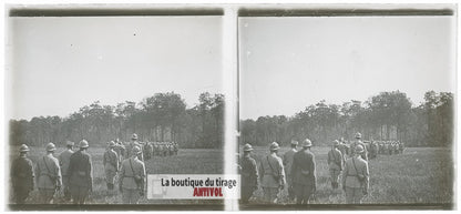 Manœuvres d’infanterie, guerre WW1, plaque verre photo ancienne stéréo 6x13 cm