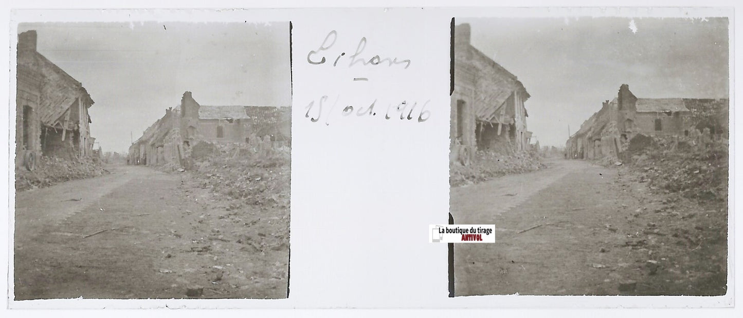 Lihons, ruines WW1, Plaque verre stéréo, positif noir & blanc 4,5x10,7 cm