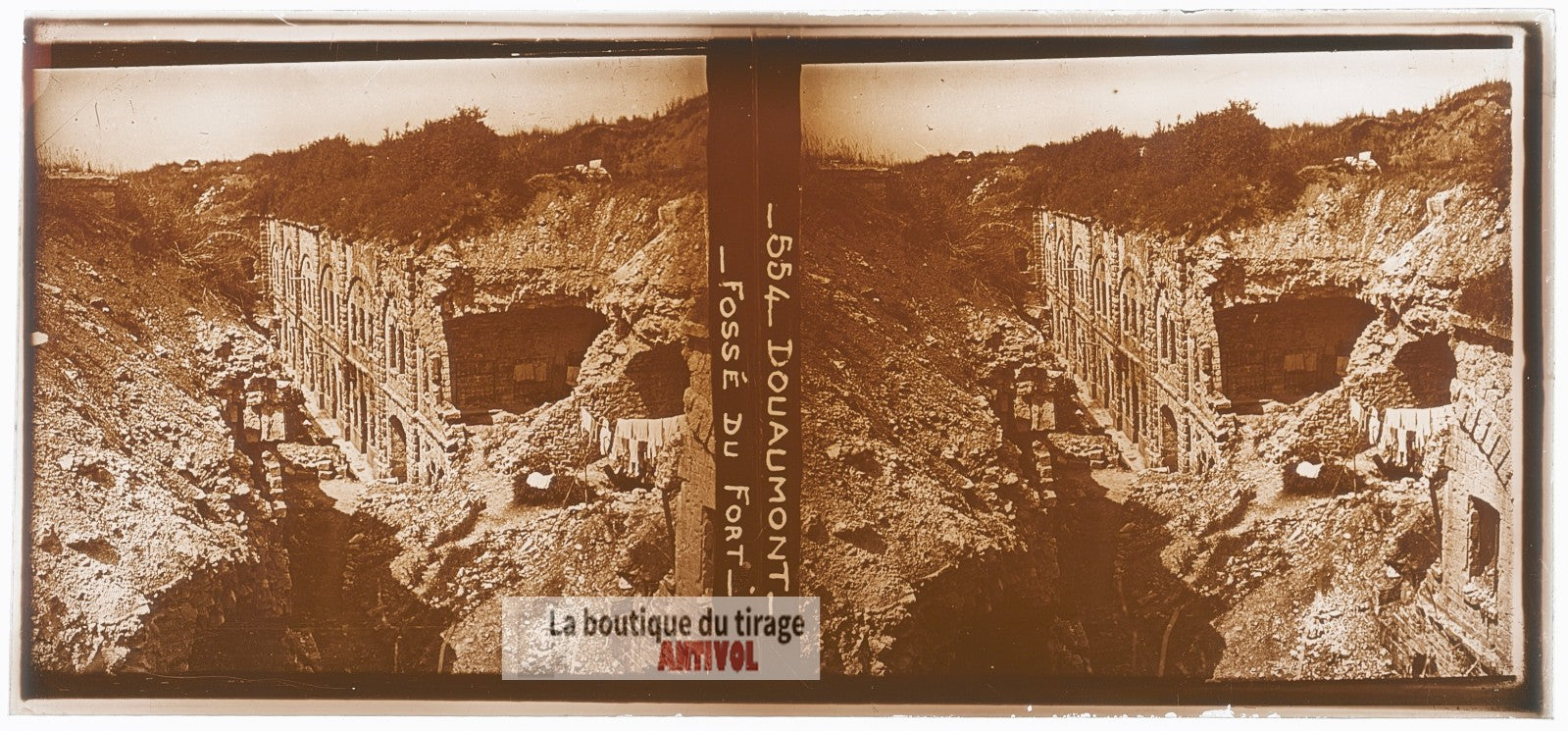 Fort de Douaumont, guerre WW1, plaque verre photo ancienne stéréo 6x13 cm