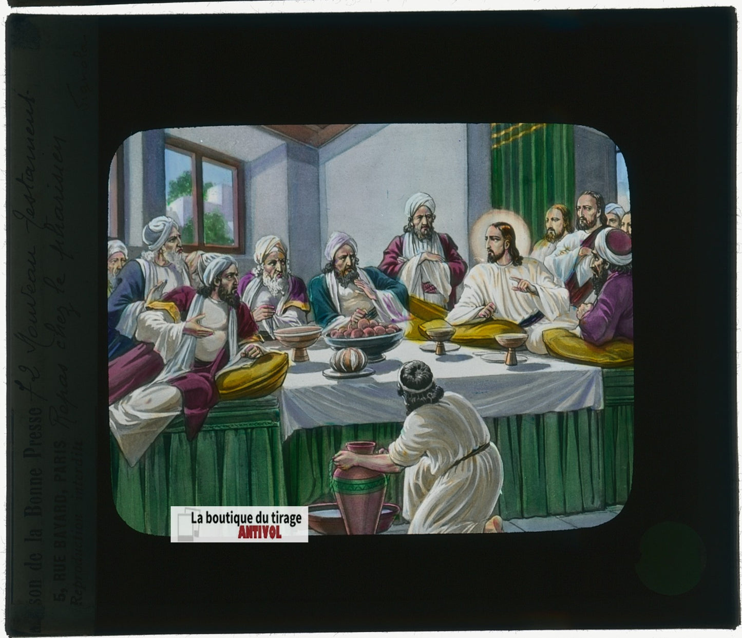Repas chez le pharisien, dessin, plaque verre ancienne, couleur 8,5x10 cm