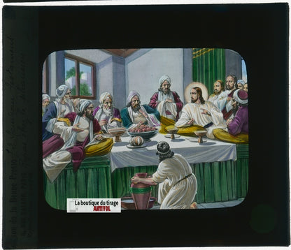Repas chez le pharisien, dessin, plaque verre ancienne, couleur 8,5x10 cm
