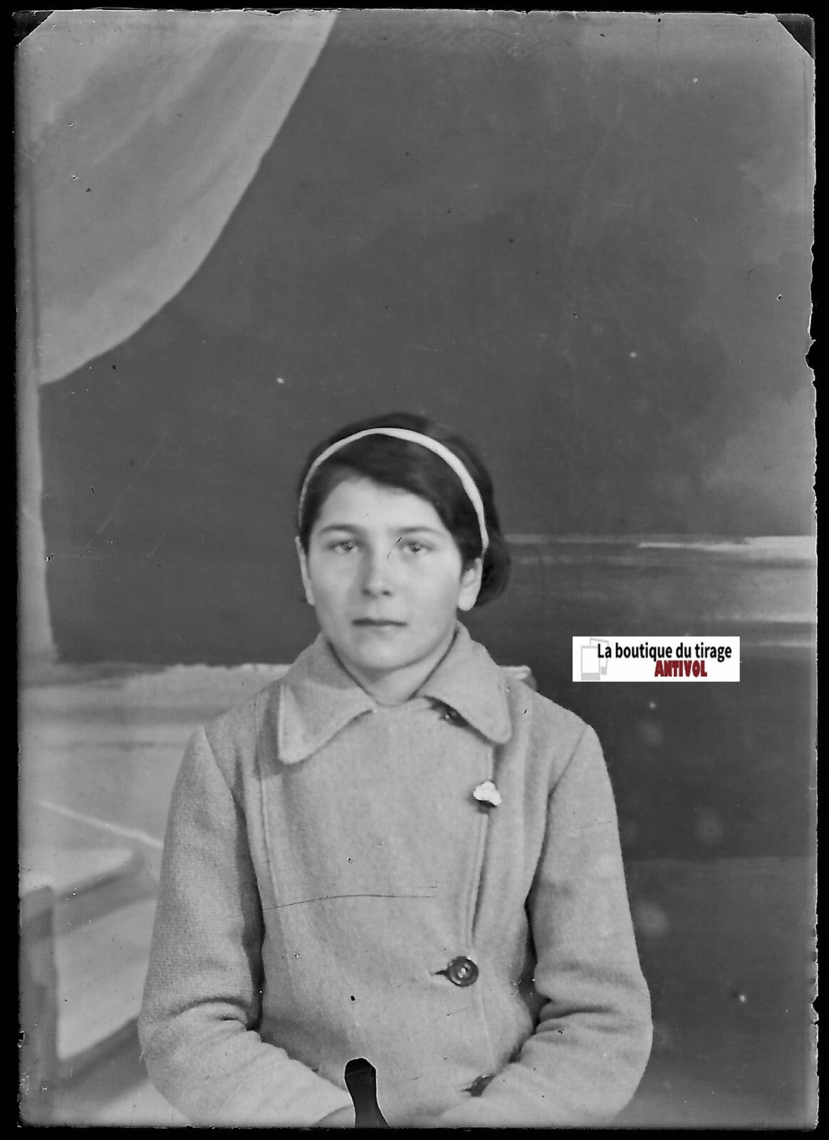 Portrait femme, Plaque verre photo, négatif ancien noir & blanc 6x9 cm