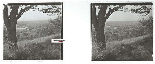 Paysage, rivière, Plaque verre photo stéréo, positif noir & blanc 4,5x10,7 cm