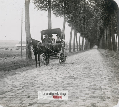 Promenade, voiture hippomobile, plaque verre photo ancienne stéréo 6x13 cm