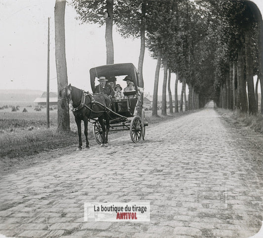 Promenade, voiture hippomobile, plaque verre photo ancienne stéréo 6x13 cm