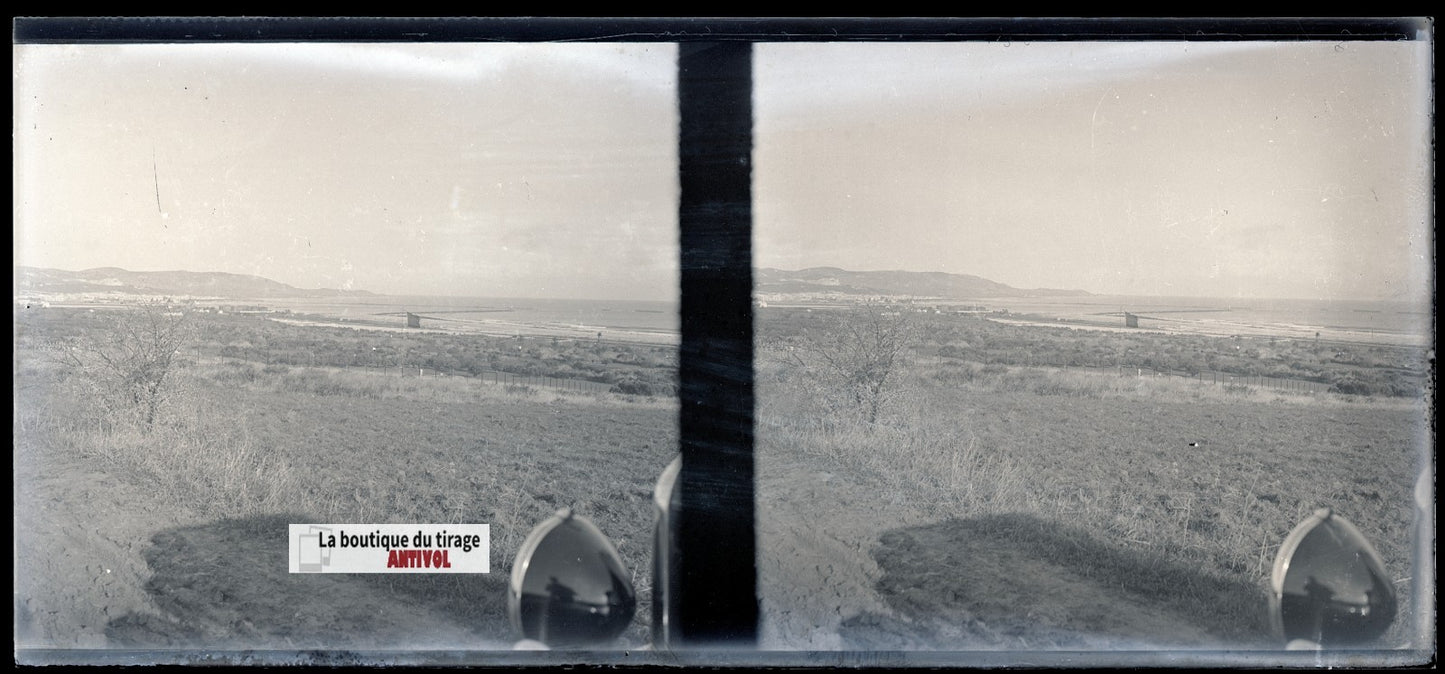 Algérie, paysage mer, plaque verre, photo stéréo, négatif N&B 6x13 cm