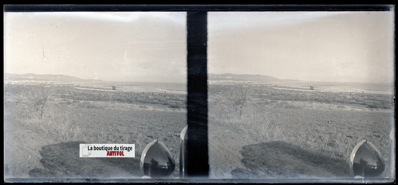 Algérie, paysage mer, plaque verre, photo stéréo, négatif N&B 6x13 cm