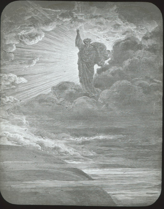 Dieu crée la lumière, Bible de Doré, dessin, plaque de verre, positif 8,5x10 cm