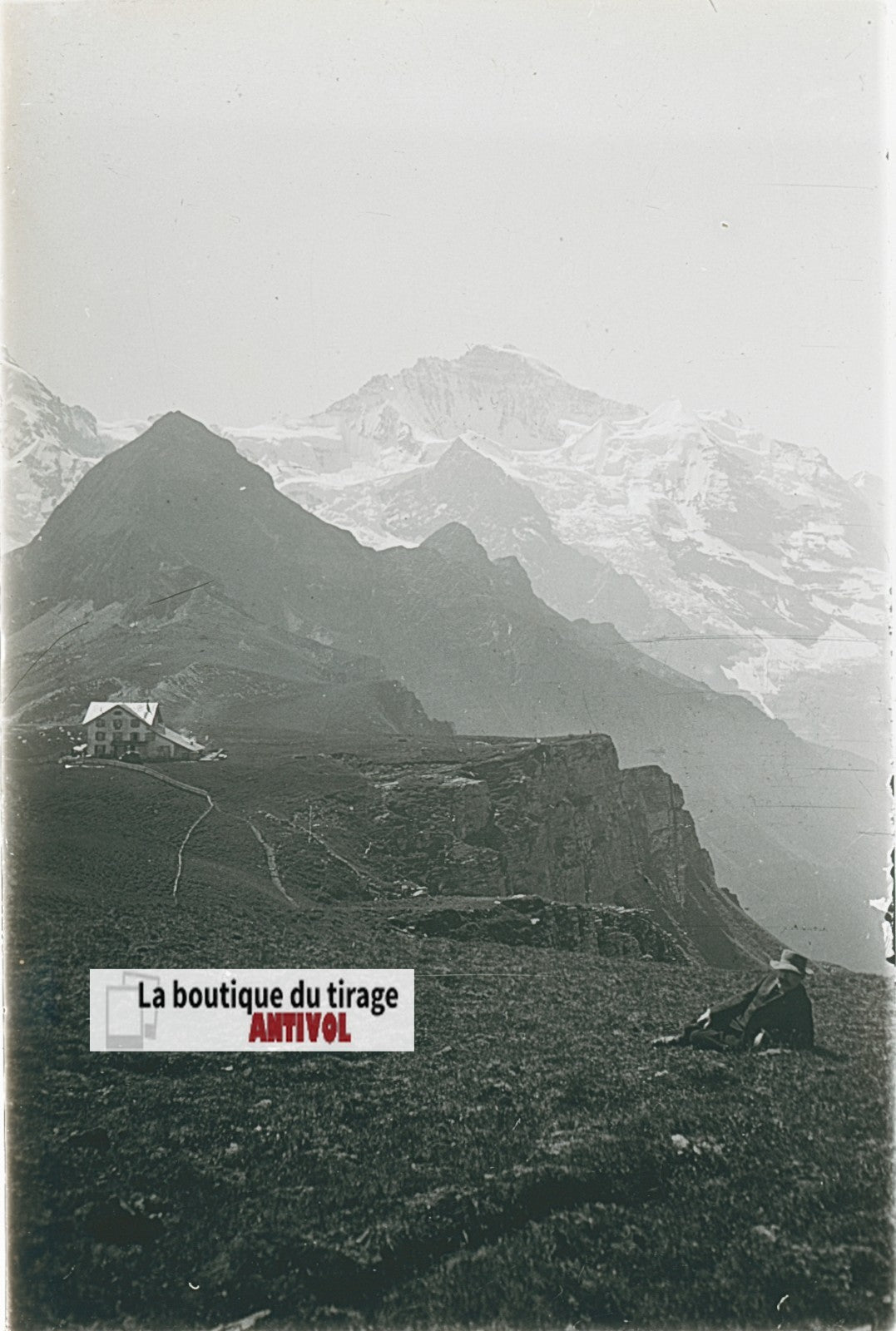 Randonneur, Alpes Suisse, stéréo photo plaque verre, noir & blanc, 9x12 cm