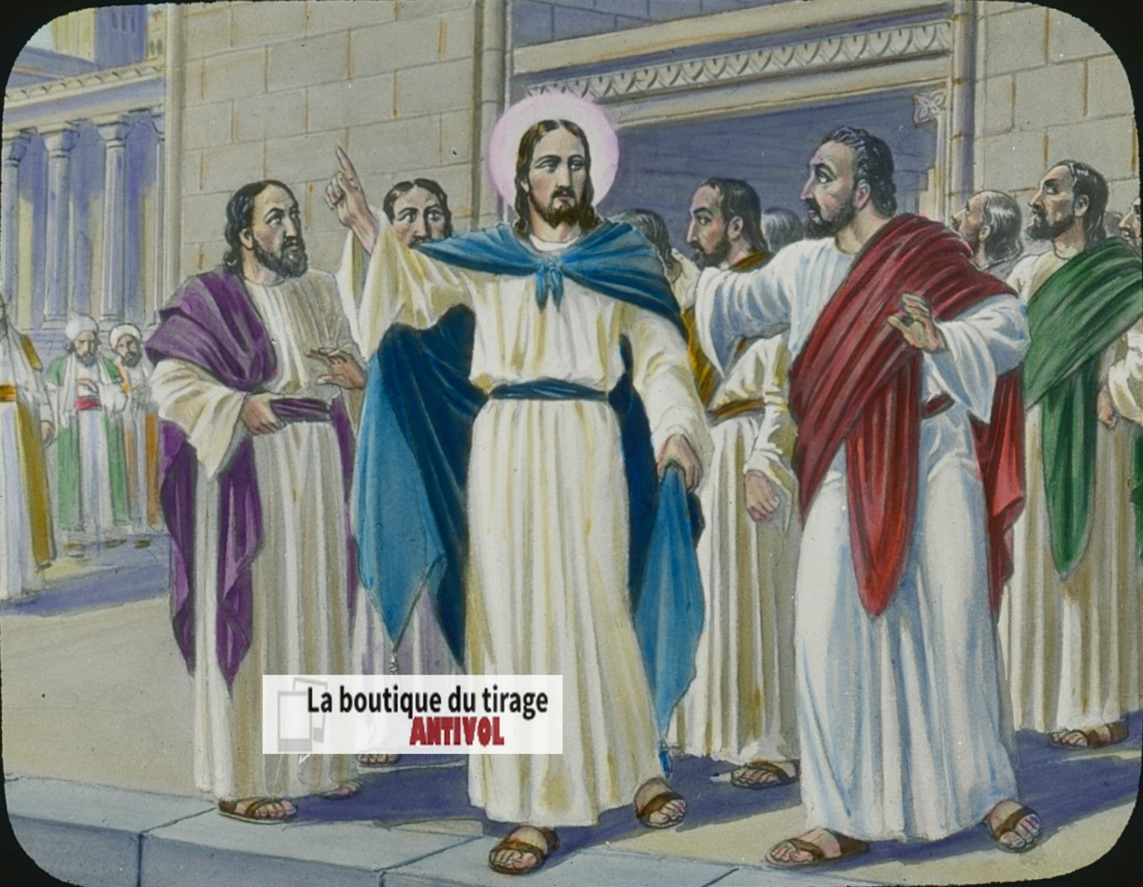 Nouveau testament, dessin, plaque verre ancienne, couleur 8,5x10 cm