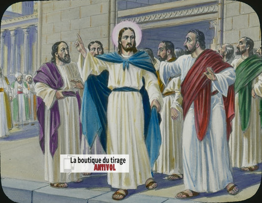 Nouveau testament, dessin, plaque verre ancienne, couleur 8,5x10 cm