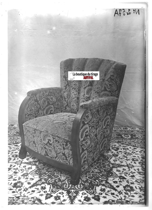 Plaque verre photo ancienne positif noir & blanc 13x18 cm fauteuil vintage