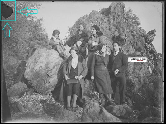 Famille, campagne, Plaque verre photo ancienne, négatif noir & blanc 9x12 cm