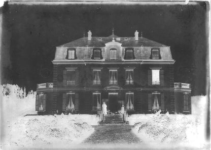 Plaque verre photo négatif 13x18 cm, noir & blanc vintage, château personnage