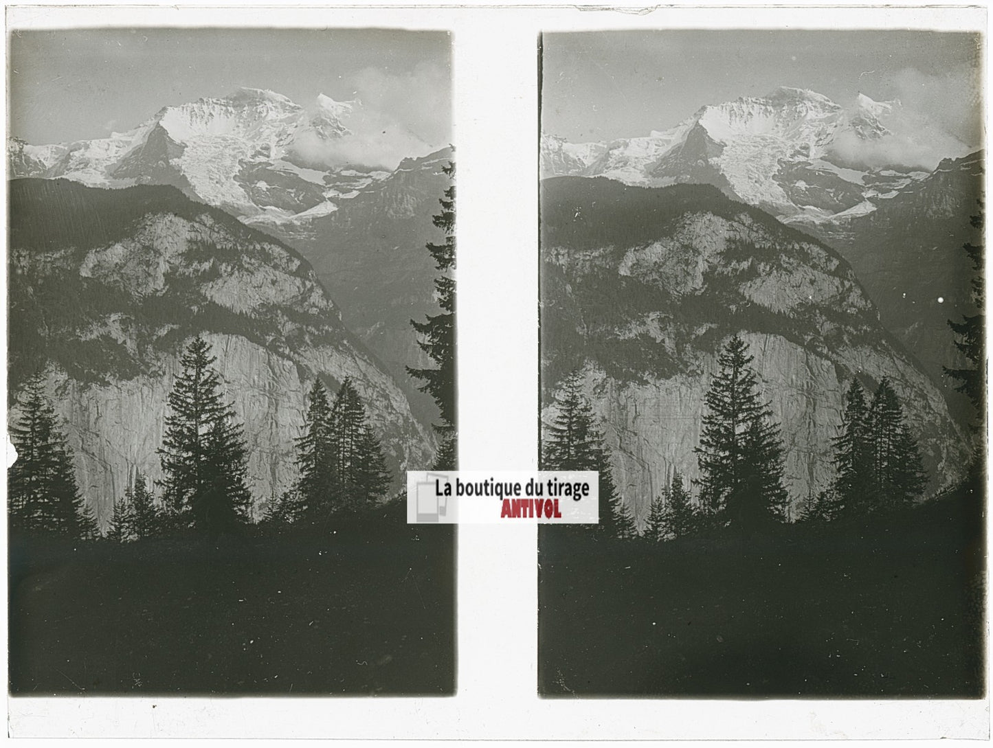 Eiger et glacier, Alpes Suisse, stéréo photo plaque verre, noir & blanc, 9x12 cm