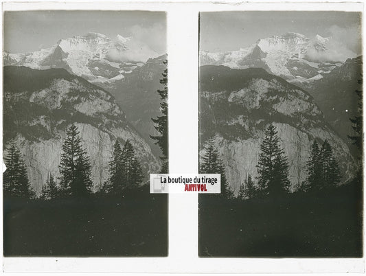 Eiger et glacier, Alpes Suisse, stéréo photo plaque verre, noir & blanc, 9x12 cm