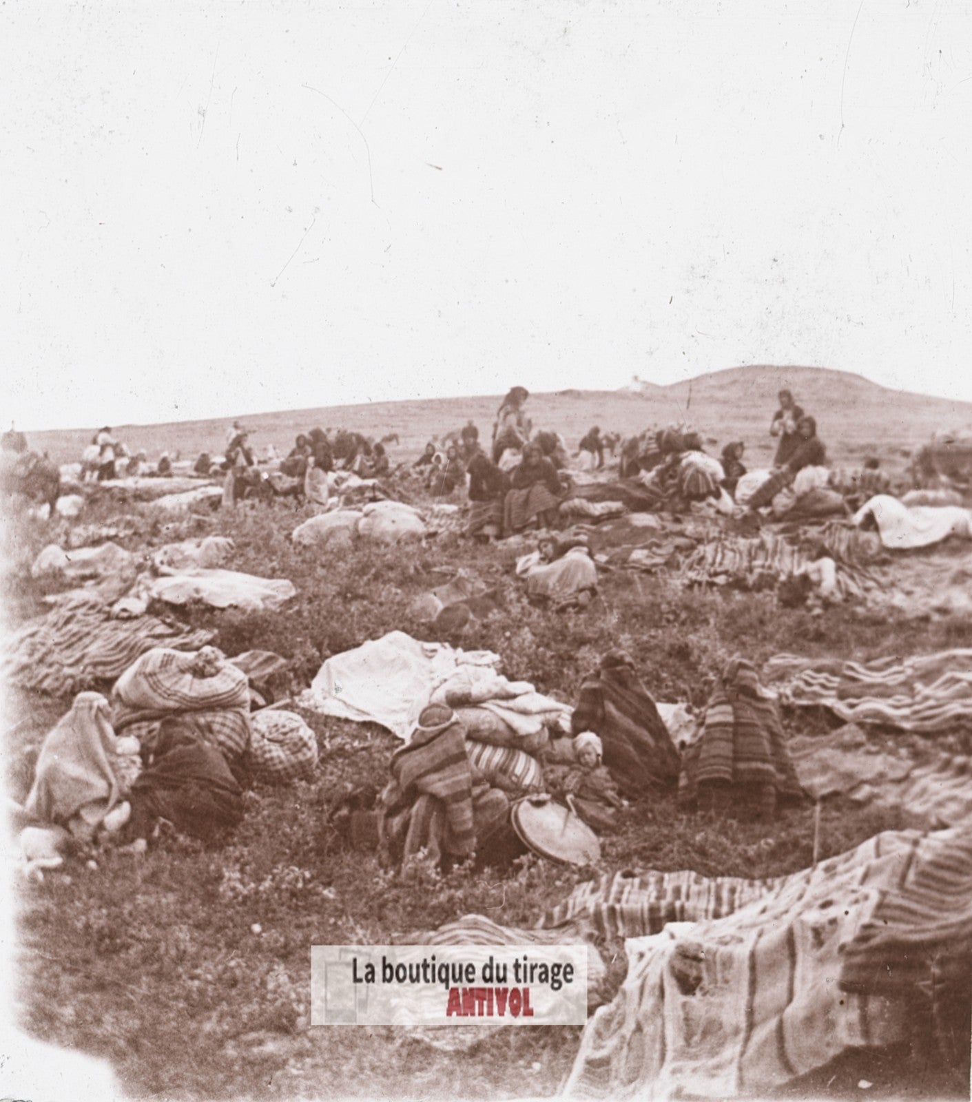 Camp d’évacués à Monastir, guerre WW1, plaque verre stéréo, photo 4,5x10,7 cm