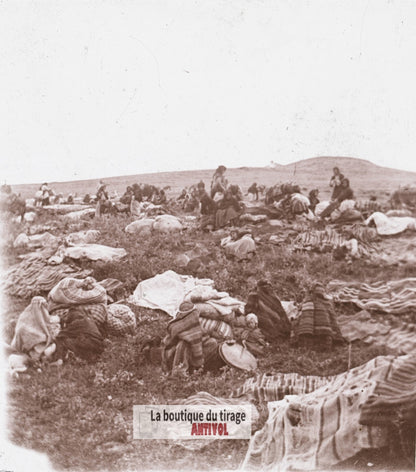 Camp d’évacués à Monastir, guerre WW1, plaque verre stéréo, photo 4,5x10,7 cm