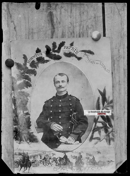Plaque verre photo ancienne négatif noir et blanc 6x9 cm train équipages soldat 