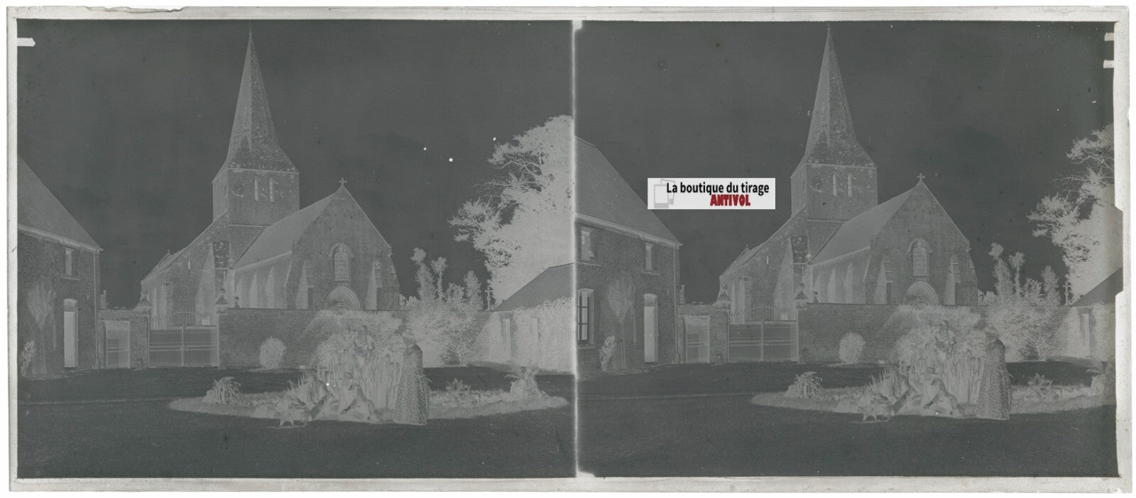 Eglise, France, village, stéréo photo ancienne plaque verre, négatif 8x18 cm