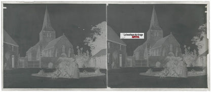 Eglise, France, village, stéréo photo ancienne plaque verre, négatif 8x18 cm