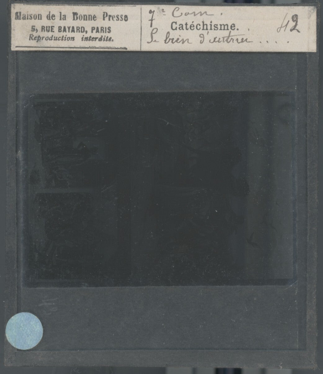 Scène religieuse, catéchisme, dessin peinture, plaque verre, positif 8,5x10 cm