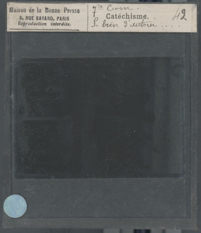 Scène religieuse, catéchisme, dessin peinture, plaque verre, positif 8,5x10 cm