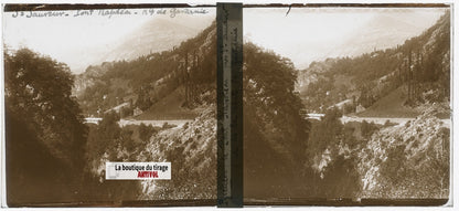 Pont Napoléon, Pyrénées, plaque verre, photo ancienne stéréo, sépia 6x13 cm