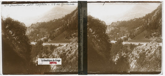 Pont Napoléon, Pyrénées, plaque verre, photo ancienne stéréo, sépia 6x13 cm