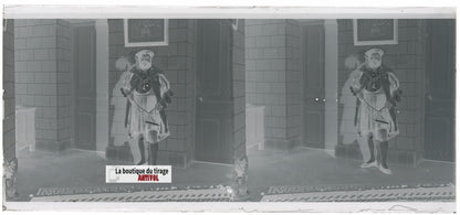 Homme, costume, plaque verre, photo stéréo, négatif noir & blanc 6x13 cm