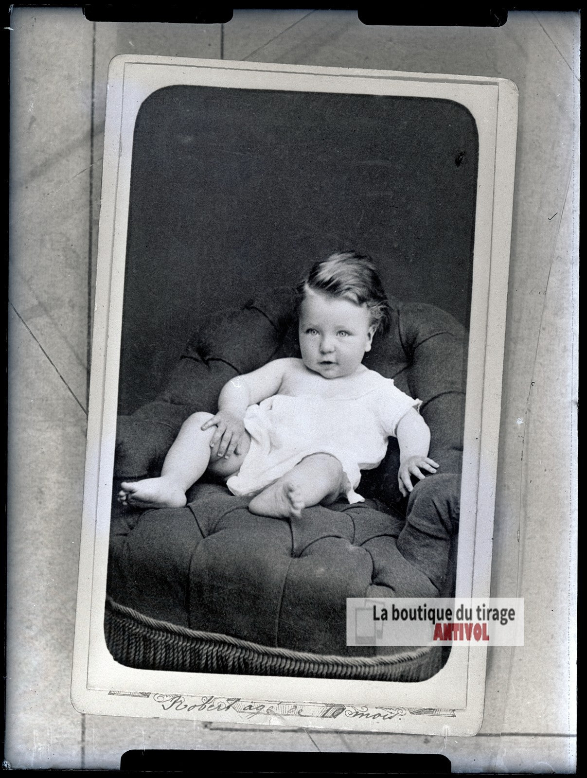 Portrait de bébé en studio, plaque verre photo ancienne, négatif 9x12 cm