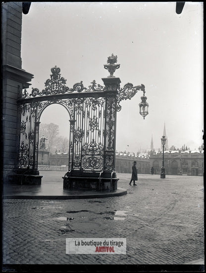 Place Stanislas, neige, Nancy, plaque verre, photo ancienne, négatif 9x12 cm