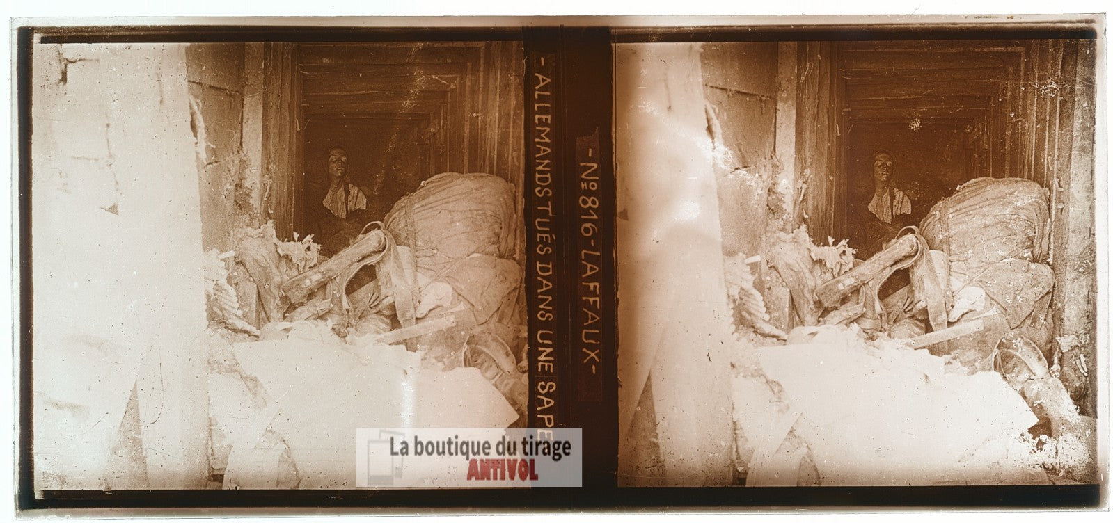 Laffaux, Allemands tués, guerre WW1, plaque verre photo ancienne stéréo 6x13 cm