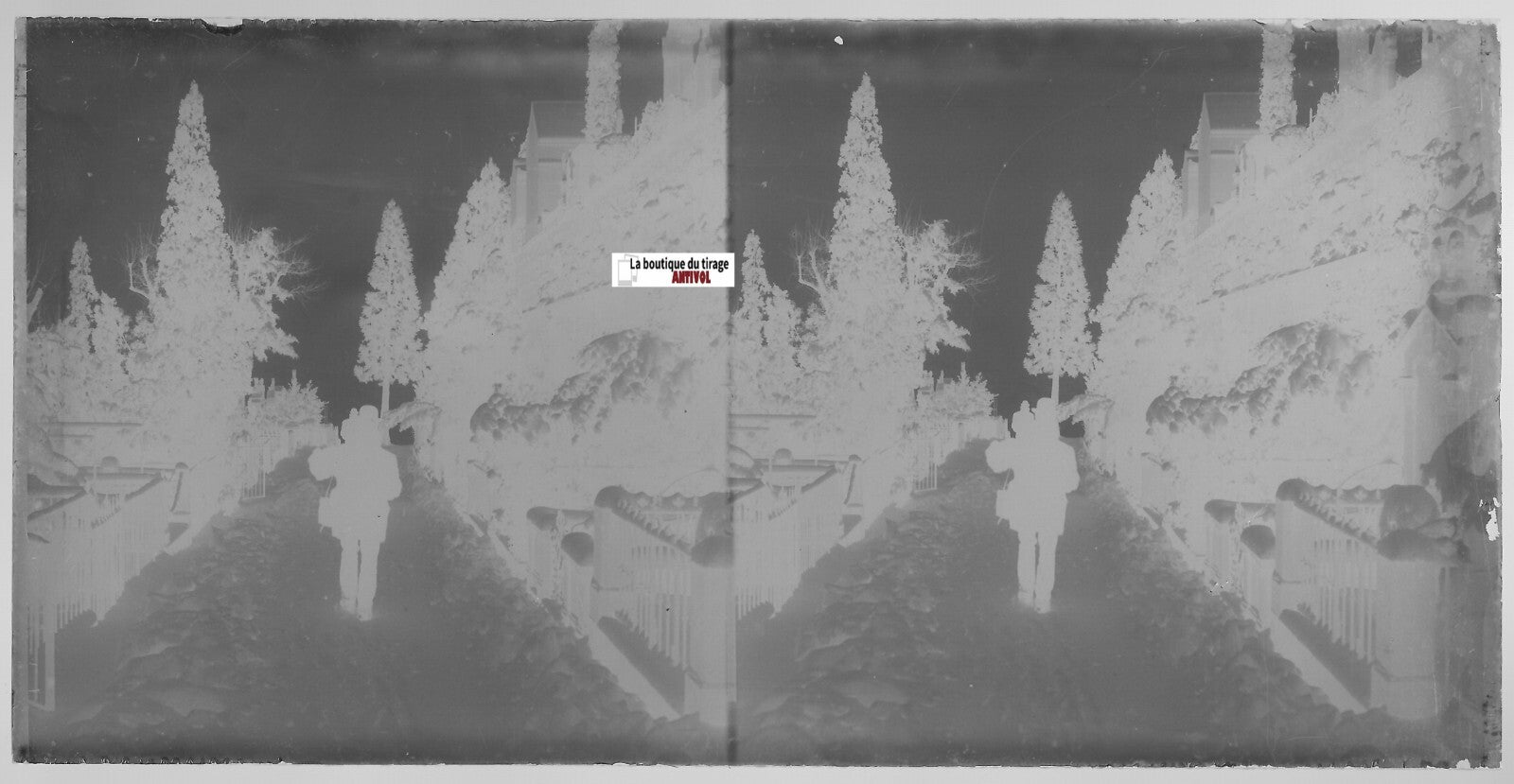 Cimetière, Plaque verre photo ancienne, stéréo négatif noir & blanc 9x18 cm