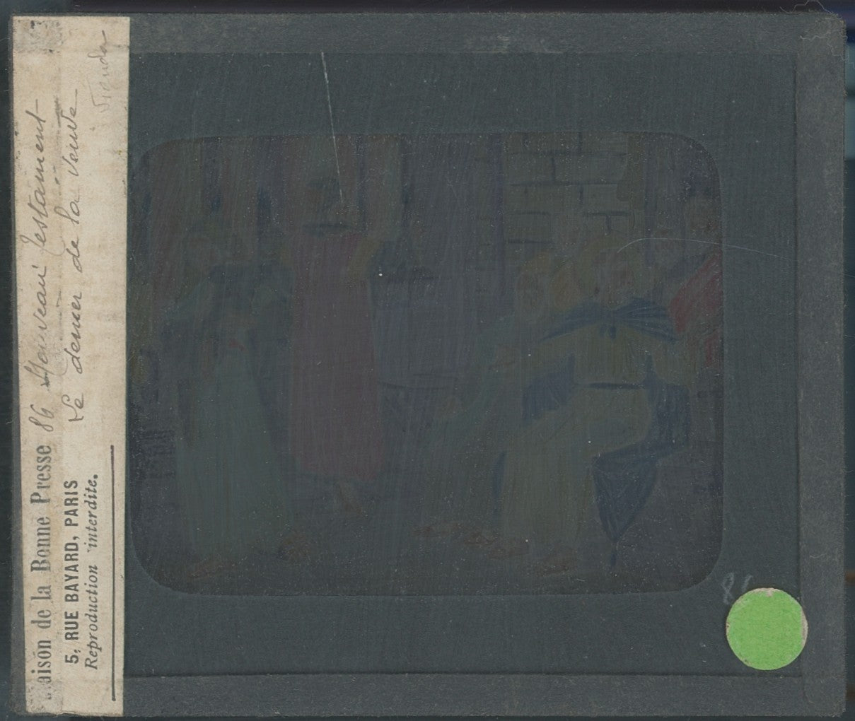 L’offrande de la veuve, Jésus, dessin, plaque verre ancienne, couleur 8,5x10 cm