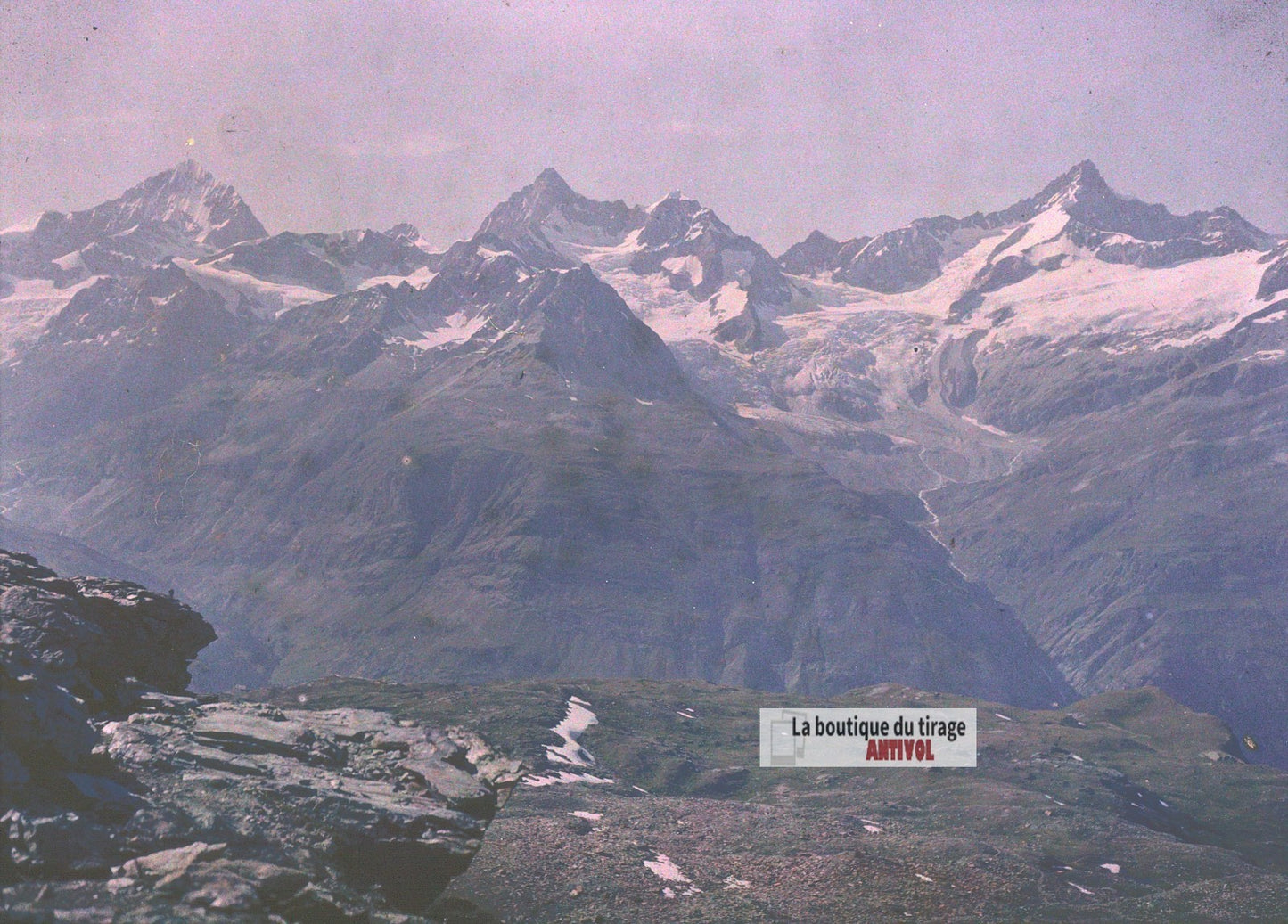 Panorama alpin du Valais, plaque verre, photo ancienne stéréo 9x12 cm Autochrome