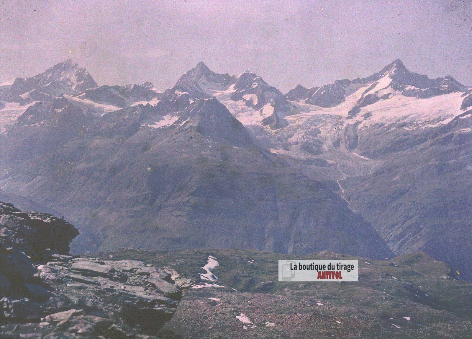 Panorama alpin du Valais, plaque verre, photo ancienne stéréo 9x12 cm Autochrome