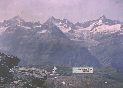 Panorama alpin du Valais, plaque verre, photo ancienne stéréo 9x12 cm Autochrome
