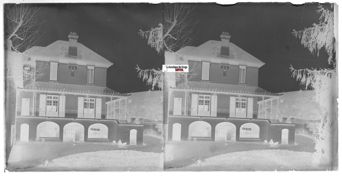 Villa, maison, Plaque verre photo ancienne, stéréo négatif noir & blanc 9x18 cm