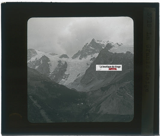 La Grande Meije, montagne, photo plaque verre, noir & blanc, positif 8,5x10 cm
