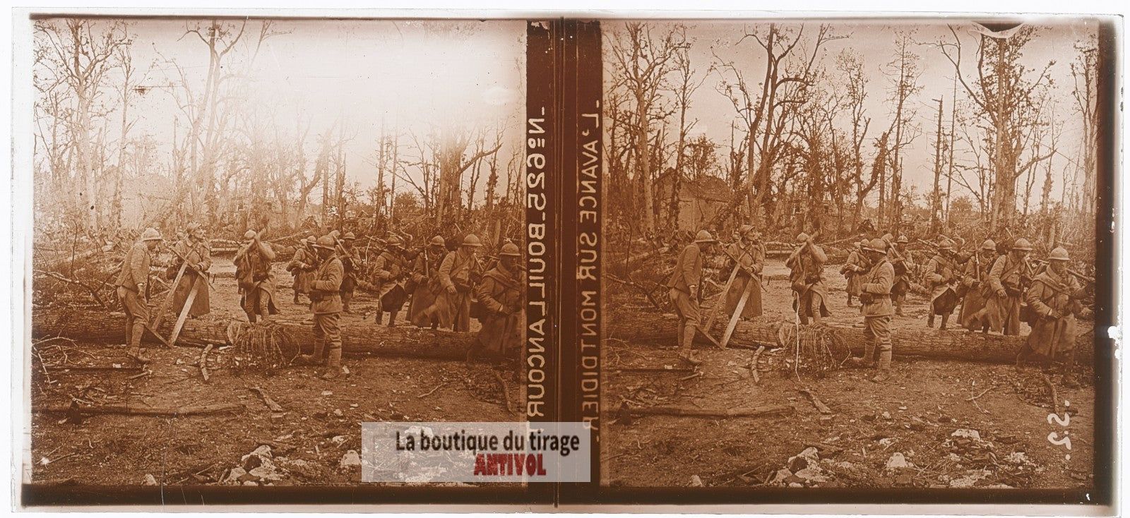 Bouillancourt, Montdidier, WW1, plaque verre photo ancienne stéréo 6x13 cm