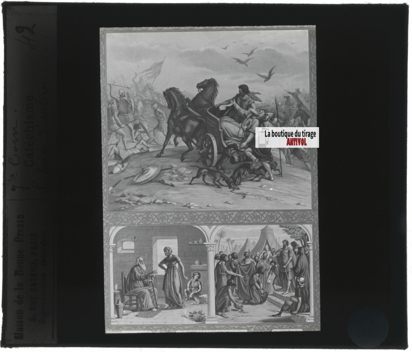 Scène religieuse, catéchisme, dessin peinture, plaque verre, positif 8,5x10 cm