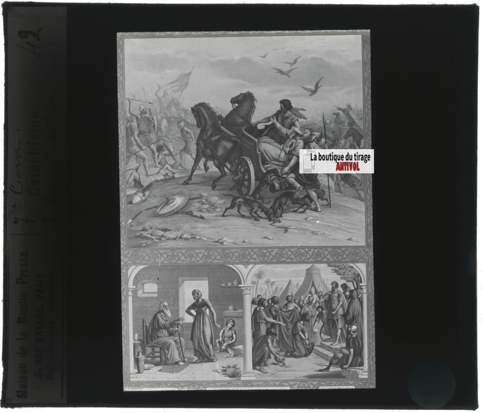 Scène religieuse, catéchisme, dessin peinture, plaque verre, positif 8,5x10 cm