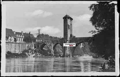 Plaque verre photo ancienne, négatif noir & blanc 9x14 cm, Orthez, pont Vieux