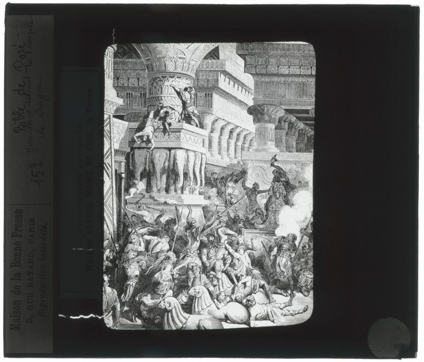 Temple de Dagon, Bible de Doré, dessin, plaque verre, positif 8,5x10 cm