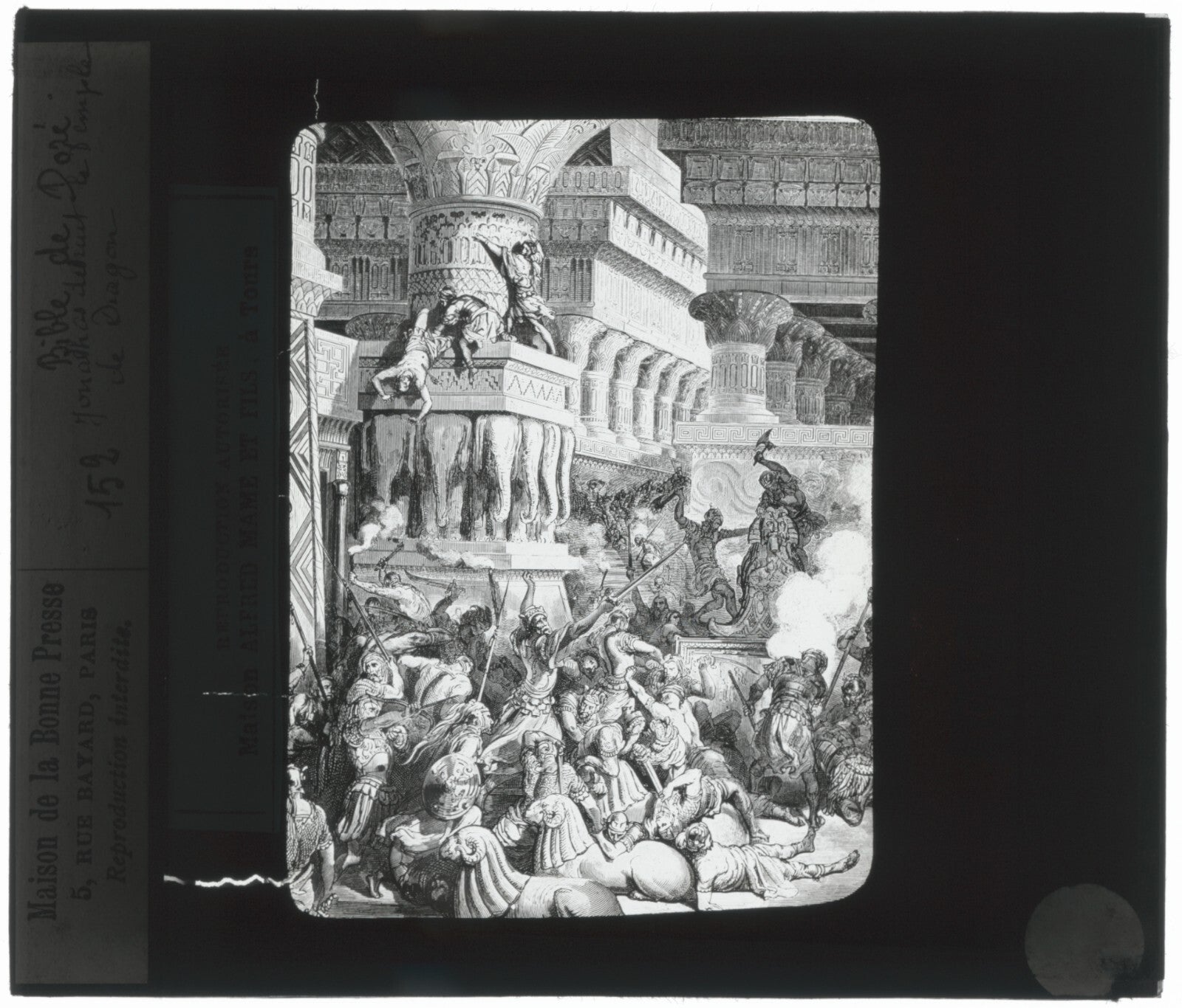 Temple de Dagon, Bible de Doré, dessin, plaque verre, positif 8,5x10 cm