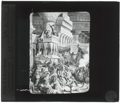 Temple de Dagon, Bible de Doré, dessin, plaque verre, positif 8,5x10 cm